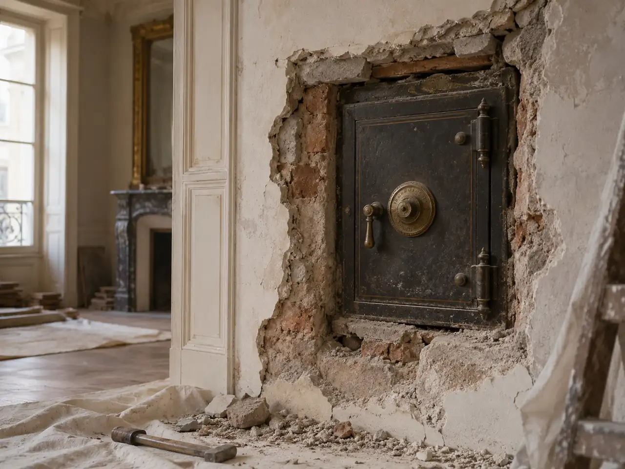 Ancienne porte de coffre encastrée dans un mur pendant une rénovation