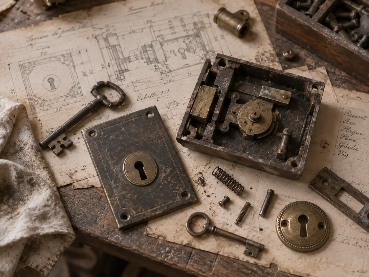 Gros plan d’un mécanisme de serrure ancienne démonté